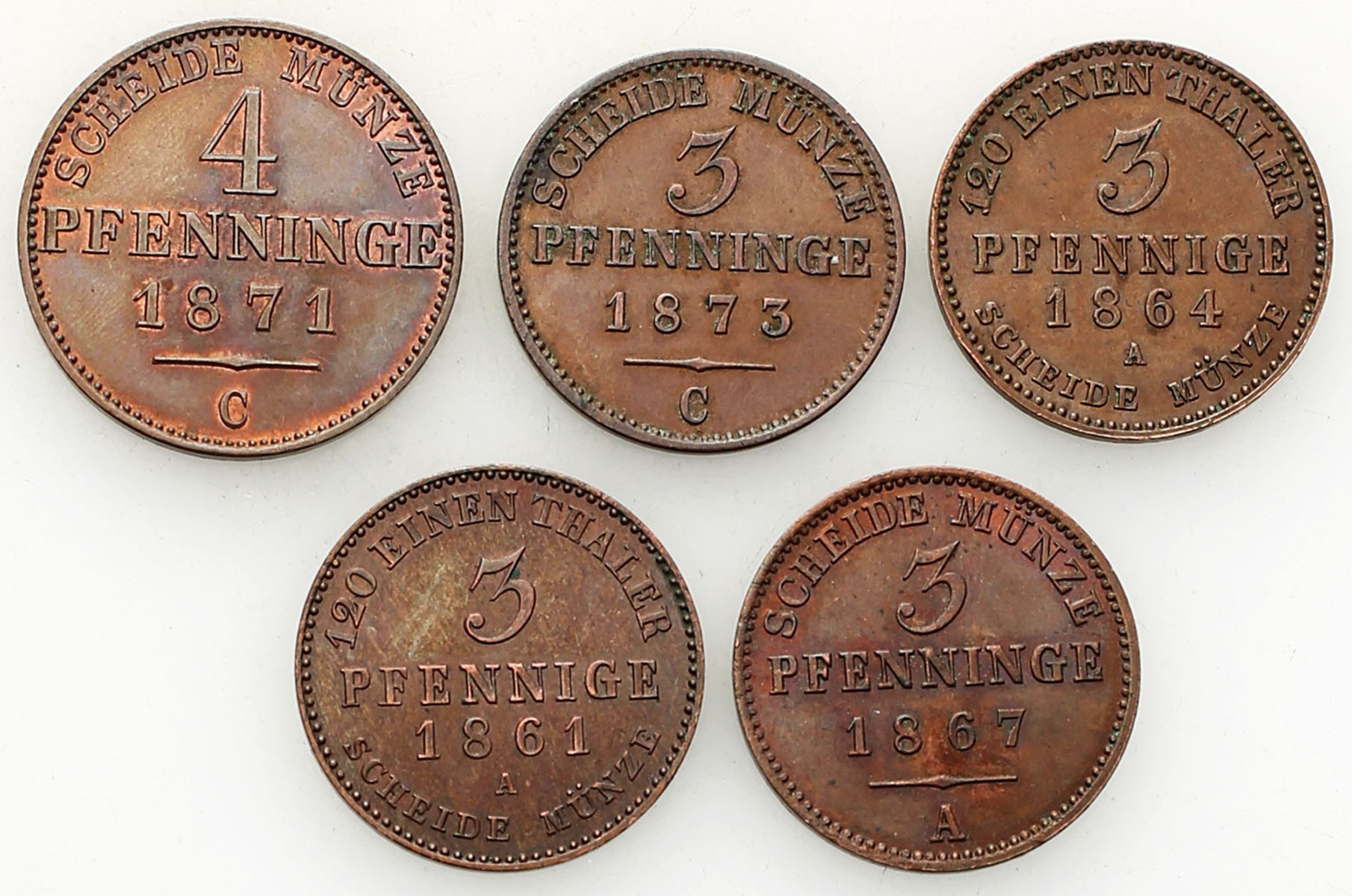 Niemcy, Prusy i Anhalt-Köthen. 2, 4 fenigi 1861 - 1873, zestaw 5 monet - PIĘKNE